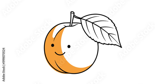 Cute smiling peach fruit character with a single green leaf shown in a simple and friendly icon style for healthy snacks and summer fruit themes.