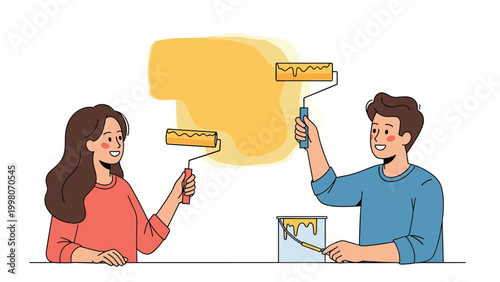 Smiling young man and woman working together to renovate their home by painting a wall with bright yellow paint.