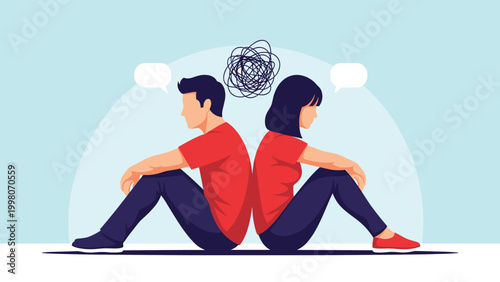 Man and woman sitting back to back with a tangled scribble above them representing conflict and misunderstanding.