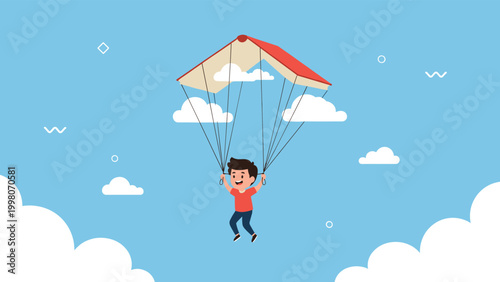 Happy young boy flying through a cloudy blue sky using a large open book as a creative and magical parachute.