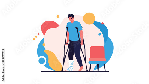 Injured man with a bandage on his leg using crutches to walk slowly while recovering from a serious physical accident.