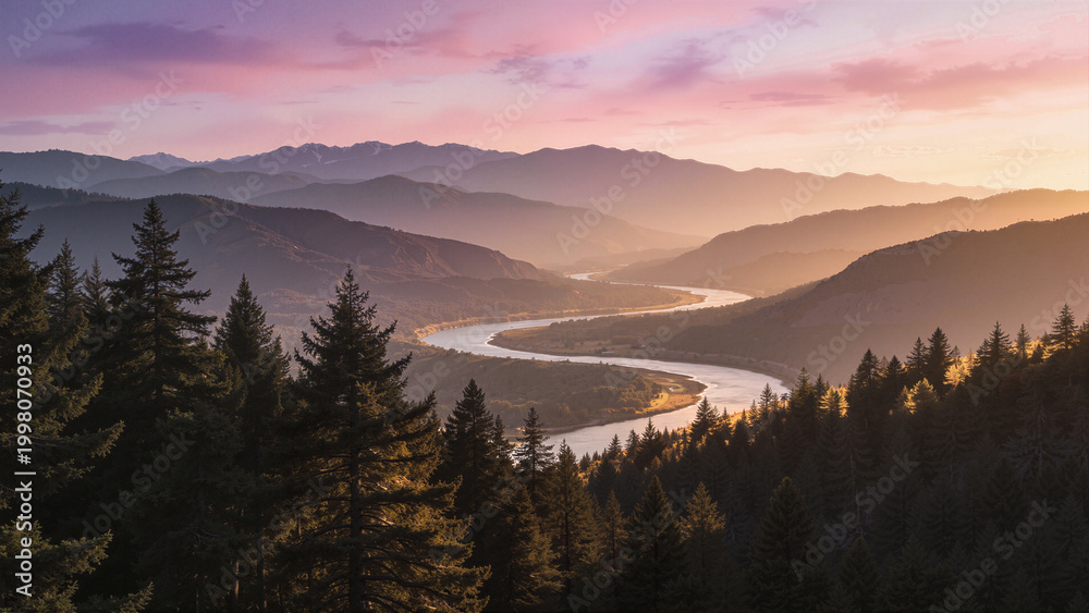 Obraz premium Sunset Over Scenic River Valley
