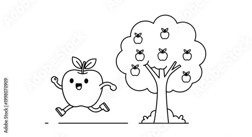 Cute cartoon illustration of a happy apple character running in front of an apple tree laden with fruit in a sunny orchard setting.