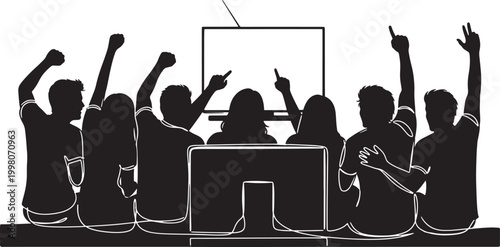 Group of friends watching a live event on television, cheering with raised arms in excitement, silhouette vector illustration.