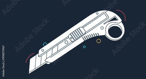 White line art illustration of a retractable utility knife with a safety ring isolated on a dark blue background for hardware concepts.
