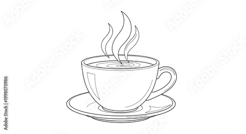 Simple black and white line art of a cup of hot coffee on a saucer with rising steam isolated on a plain white background for cafe themes.