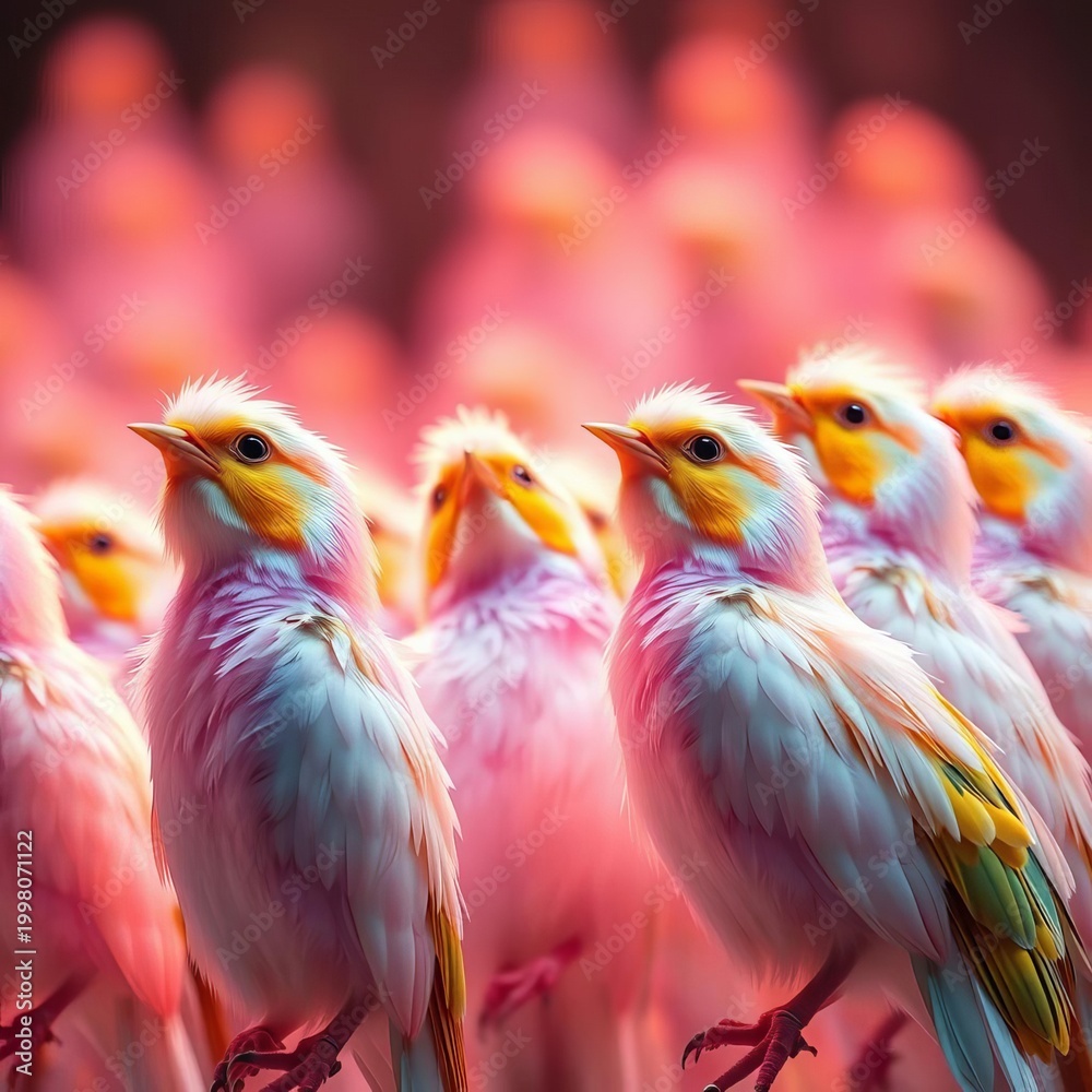 Fototapeta premium A kaleidoscope of feathered choristers, a pastel dawn chorus, joyfully harmonizing , dynamic angle, nature