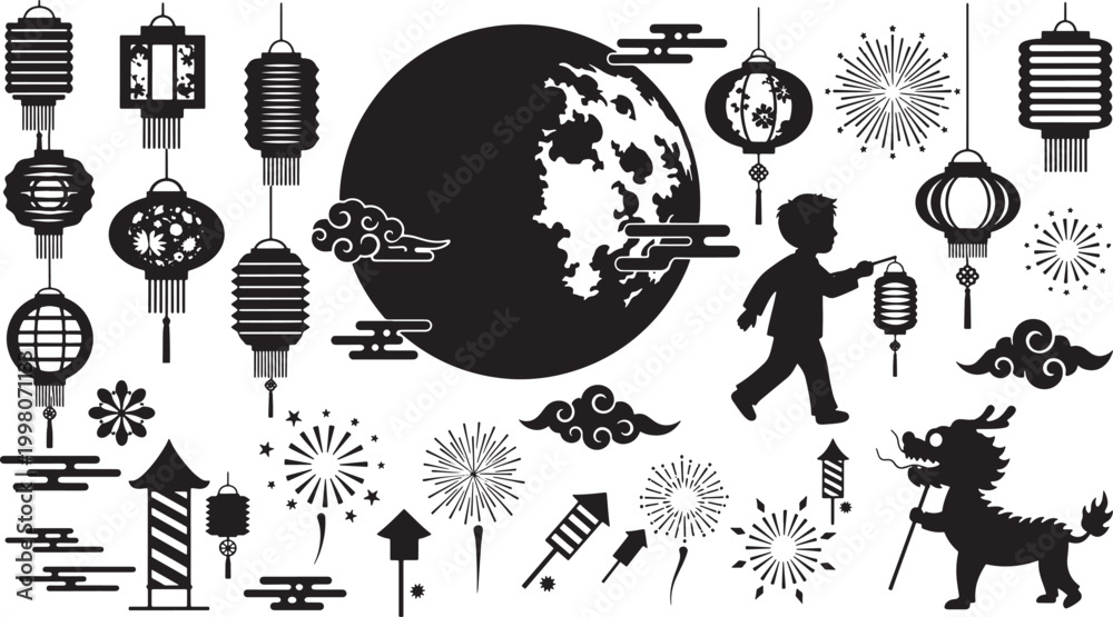 Obraz premium Traditional Asian Festival Elements Vector Set with Lanterns, Fireworks, Child Silhouette, and Dragon