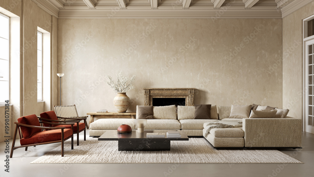 Fototapeta premium Beige loft, classic room interior with sofa, fireplace, orange armchairs, carpet, vase and decor. 3d render illustration mockup.