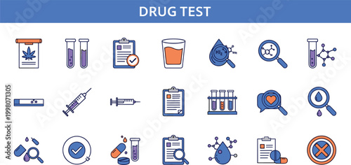 Drug test and laboratory analysis icon set featuring medical screening urine test syringe diagnostics and toxicology examination vector collection
