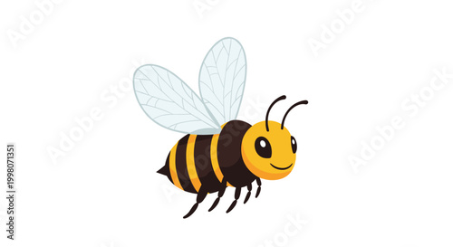 Cute cartoon bee with yellow and black stripes flying happily against a white background for children and nature designs.
