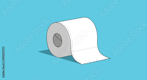 Single roll of white toilet paper standing on a light blue background with a soft shadow for bathroom and hygiene themes.