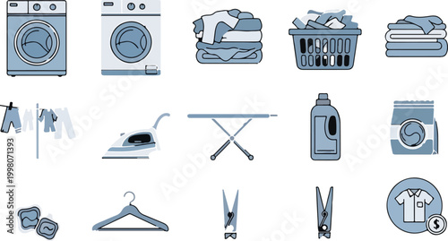 Laundry service icon set with washing machine and dryer, household chore vector elements, blue laundry equipment and ironing board collection