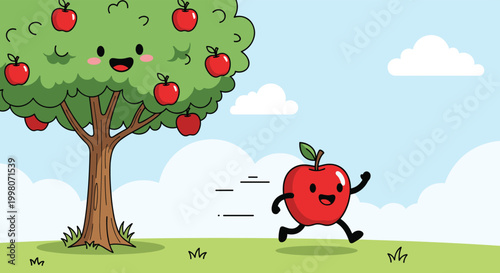 Cute cartoon illustration of a happy red apple running away from a smiling apple tree in a sunny green landscape.