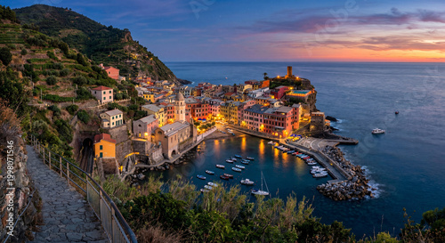 Ultra Serene coastal town at sunset, Italy, waterfront village 4K HD