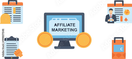 Affiliate marketing vector concept, digital business strategy on computer screen, online earning and passive income icons, flat web design elements