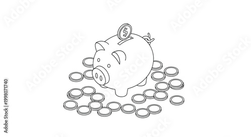 Isometric line drawing of a piggy bank with a coin being inserted and surrounded by a pile of coins on the floor.