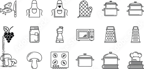 Kitchen Tools and Cooking Equipment Icons Collection Featuring Knives, Aprons, Pots, Graters, and Appliances for Culinary and Cooking Designs