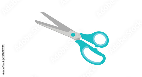 Pair of sharp metal scissors with turquoise blue plastic handles shown in a clean and simple vector illustration.