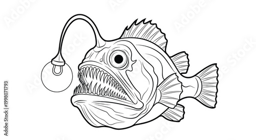 Detailed black and white line art illustration of a deep-sea anglerfish with sharp teeth and a glowing lure organ.