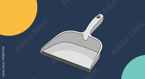 Simple grey plastic dustpan isolated on a dark blue background with colorful circles for cleaning and household themes.