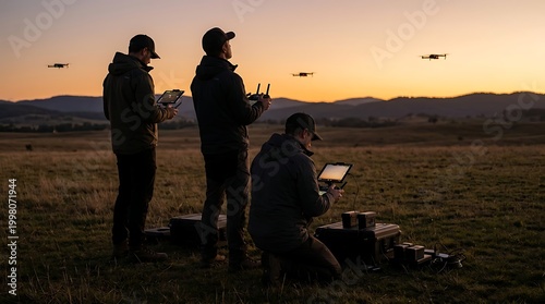 Three Drone Operators Flying Drones During Sunset in Open Field