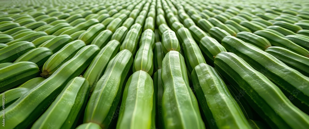 Infinitely repeating rows of fresh green cucumbers, vibrant and crisp,  garden,  vegetable