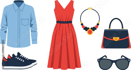 Fashion apparel and accessories collection, red dress and blue shirt vector set, stylish clothing items for shopping and retail design
