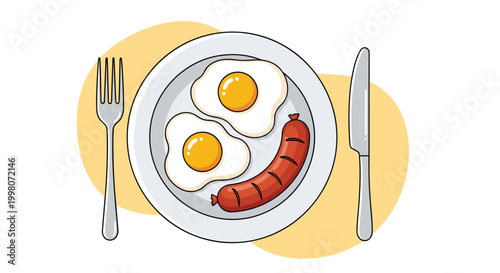 Delicious breakfast illustration featuring two fried eggs and a grilled sausage served on a plate with cutlery nearby.