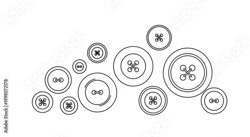 Collection of assorted sewing buttons in various sizes and hole configurations shown in a clean black and white line art style.