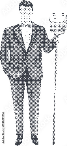 Bilde på lerret Man in suit holding mask and cane with bow tie in vintage pixel art style