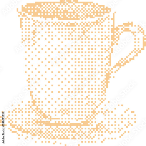 Pixelated coffee cup and saucer in a warm light orange tone on white