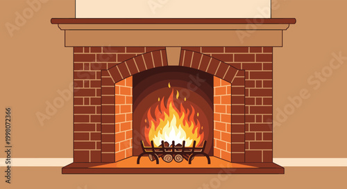 Warm and cozy interior fireplace constructed from red bricks featuring a bright burning fire on logs during a winter evening at home.