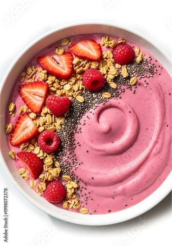 Delicious berry smoothie bowl with fresh strawberries and granola closeup