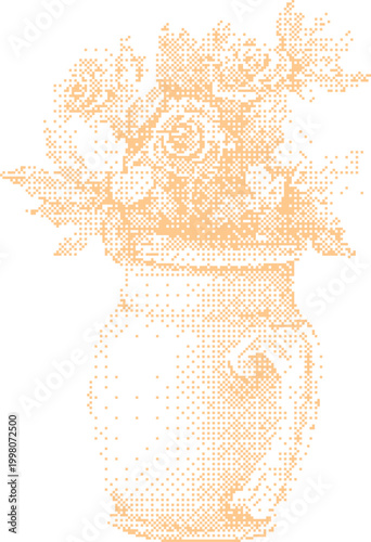 Roses in a ceramic vase with a soft painterly light against a white background