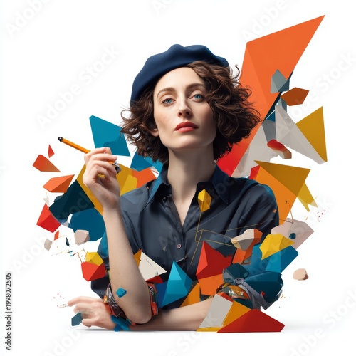 Creative artist portrait amidst abstract shapes studio setting digital art vibrant environment close-up perspective