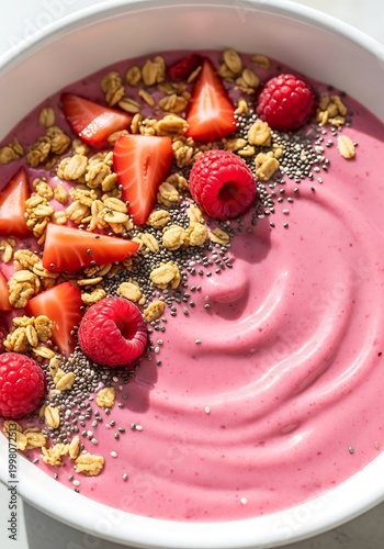 Delicious berry smoothie bowl with fresh strawberries and granola overhead view