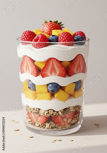 Delicious layered fruit dessert in a clear glass against a neutral background