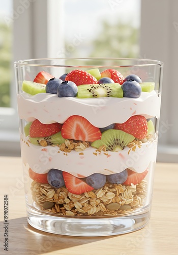 Delicious layered parfait with fresh fruit in a transparent glass