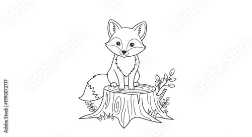 Adorable forest fox character sitting calmly on a tree stump surrounded by small leaves in a charming and whimsical storybook style.