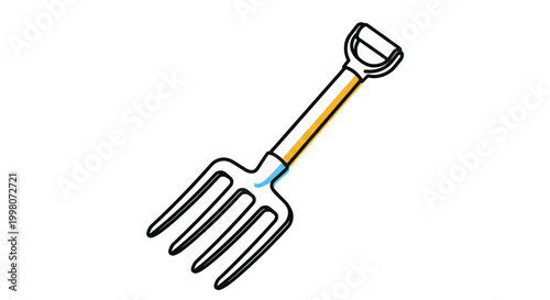 Sturdy garden pitchfork with a yellow handle and four metal tines used for farming, gardening, and soil aeration tasks in the backyard.