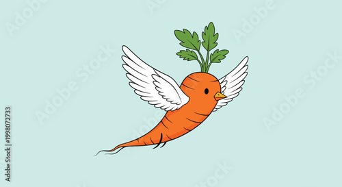 Whimsical illustration of a carrot with wings flying through the air like a bird against a light blue sky background for creative ideas.