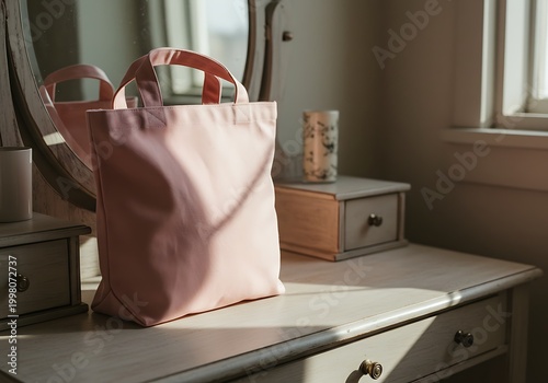 Pink tote bag on a dresser under soft sunlight with a vintage mirror
