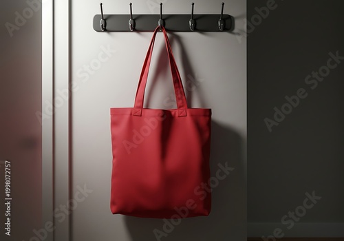 Red tote bag hanging on a wall with hooks against a neutral background