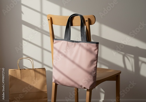 Pink tote bag on a wooden chair with a paper bag and shadow