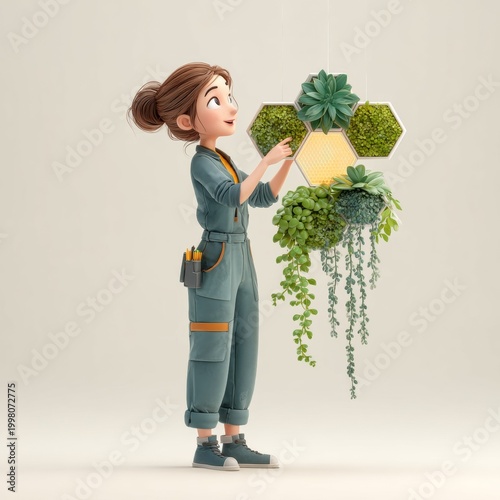 Innovative gardener creating eco-friendly plant display modern studio digital art clean environment engaging viewpoint