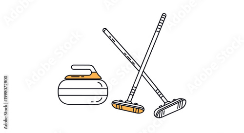 Winter sports curling equipment set including a heavy granite stone with a handle and two crossed sweeping brooms in a minimalist graphic design.