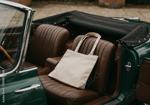 Tote bag on vintage car seat ready for travel and lifestyle concept