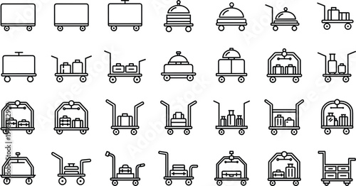 Hotel Service and Luggage Cart Icons Collection Featuring Bellhops, Trolleys, and Room Service for Hospitality and Service Industry Designs