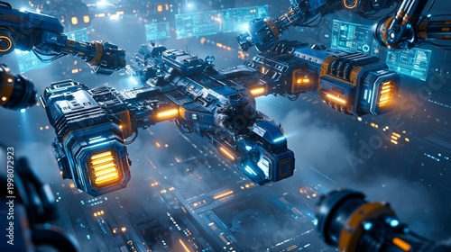 Spacecraft docking operation in futuristic space station sci-fi exploration high-tech environment aerial view